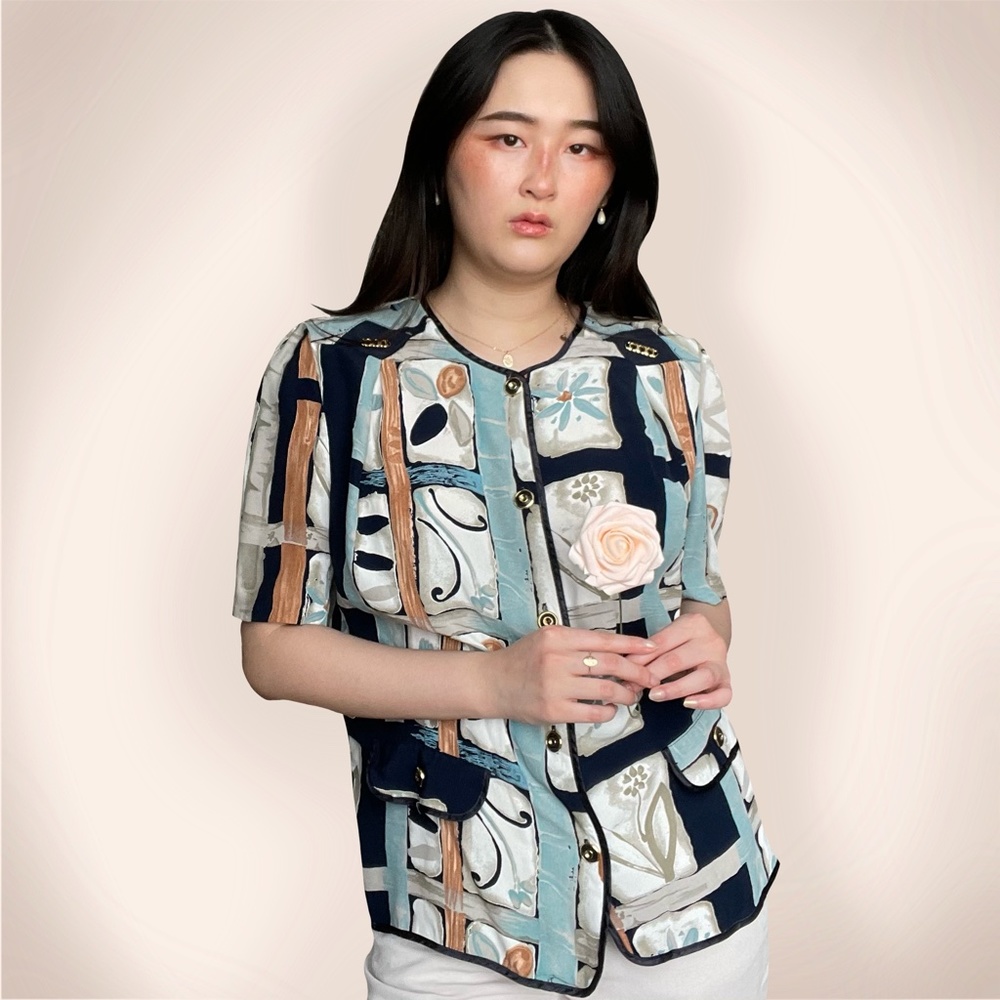 vtg blue & white floral geometric button up